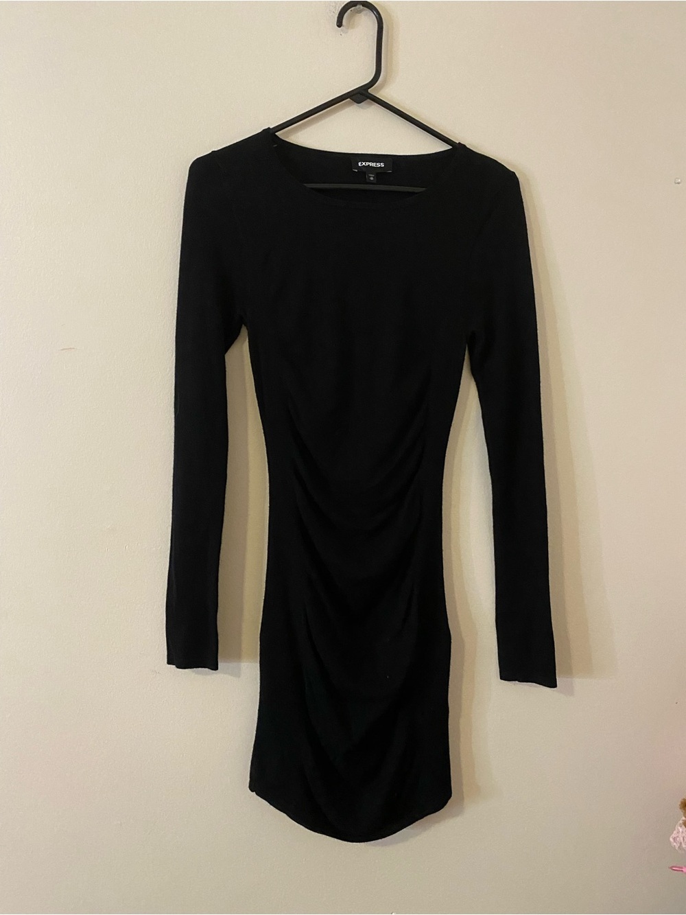 Express Black Long Sleeve Ruched Mini  Dress